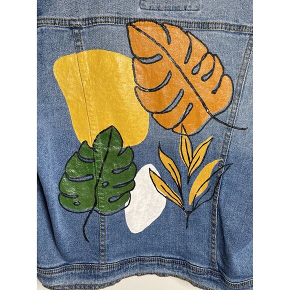 1 Sunset Lane Hand-Painted Botanical Leaf Design Denim Jacket XL Casual Boho - Picture 3 of 8